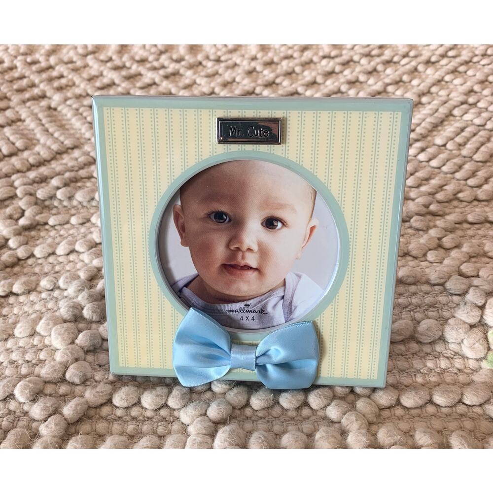 Hallmark Frame Baby Boy “Mr. Cute" Bow Accent Yellow Blue Stripe 4x4”